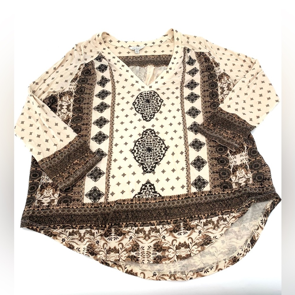 Lucky Brand Pattern Tan Brown Boho Top Size L